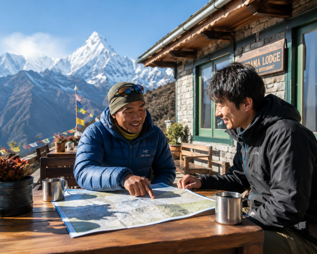 テラスで、ガイドと地図を見ながら相談している旅行者